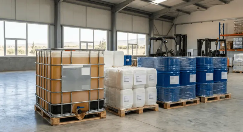 Bulk argan oil wholesale packaging in Morocco (25L jerricans, 200L drums and IBC containers).