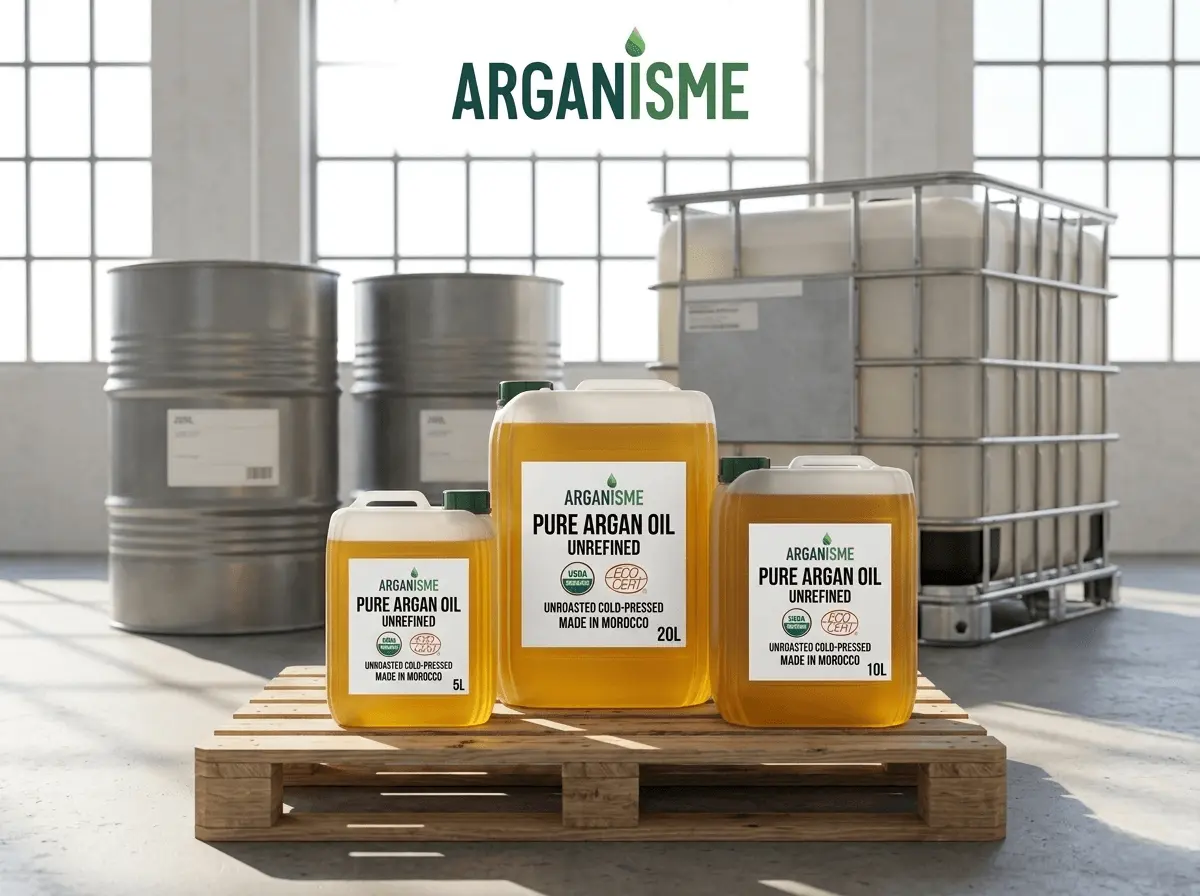 Argan Oil Bulk Wholesale Supplier – Export Packaging (5L-1000L IBC) | Arganisme Bulk wholesale argan oil sourcing from Morocco: 5L, 10L and 20L jerrycans with 200L drums and a 1000L IBC tote, export-ready supply (Arganisme).