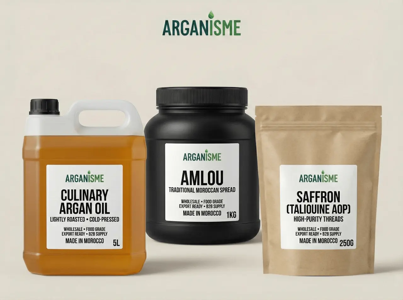 Ingredientes culinarios marroquíes de Arganisme Organics al por mayor: bidón de aceite de argán culinario de 5L, tarro de 1 kg de amlou y bolsillo de azafrán Taliouine AOP (250 g) para exportación B2B.