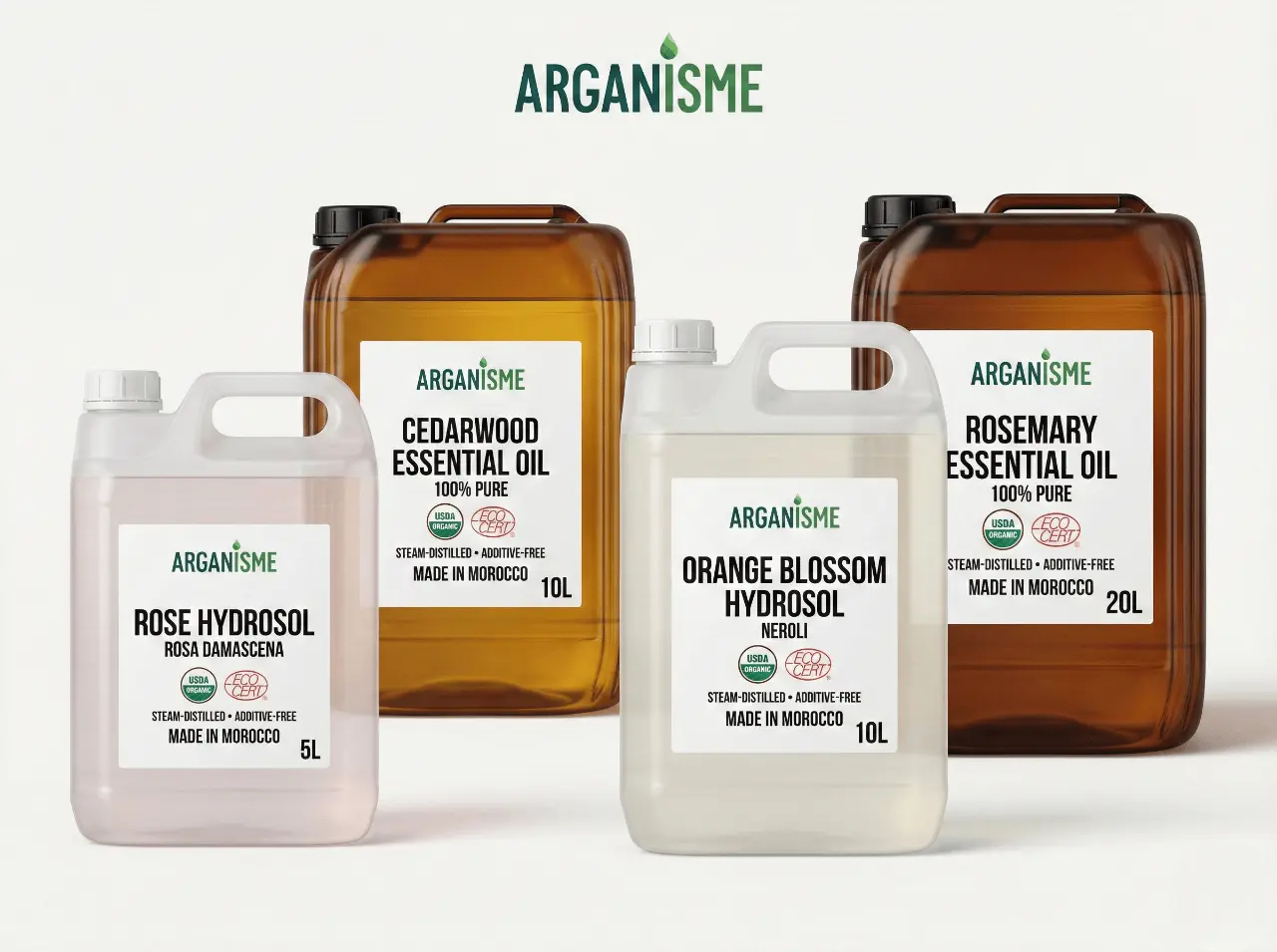 Arganisme Organics al por mayor hidrosoles marroquíes y aceites esenciales en bidones HDPE (5L-20L): rosa, neroli, cedro, romero.