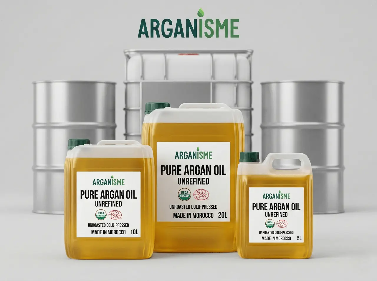 Arganisme Organics certificado por envases al mayorista de aceite de argán orgánico certificados por Arganisme Organics de Marruecos: bidones de 5L, 10L y 20L con tambores de 200L y una bolsa IBC de 1000L.