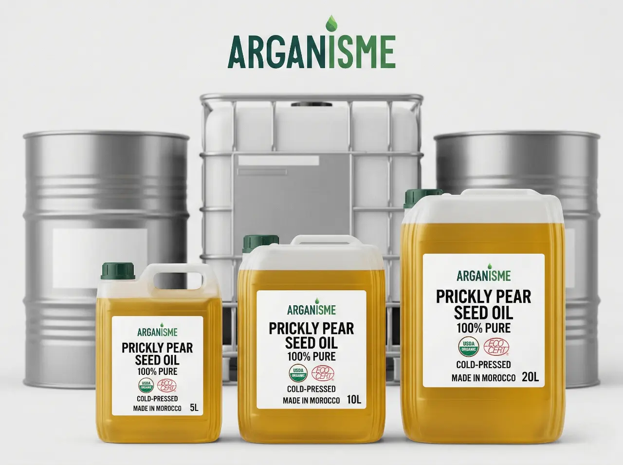 Envases mayoristas de aceite de nopal de Arganisme Organics de Marruecos: bidones de 5L, 10L y 20L con tambores de 200L y un contenedor IBC de 1000L.