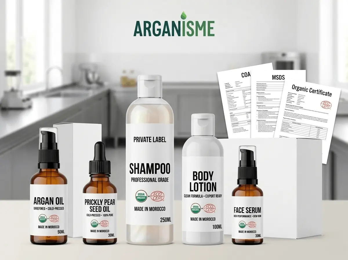 Private Label OEM/ODM Cosmetic Manufacturing in Morocco | Arganisme Private label OEM wholesale cosmetics lineup from Morocco: argan oil 50ml, prickly pear seed oil 30ml, shampoo 250ml, body lotion 100ml and face serum 30ml with COA, MSDS and organic certificate - Arganisme.
